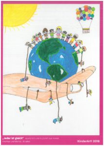 Eine Hand hält die Weltkugel. Auf der Weltkugel stehen viele verschiedene Kinder Hand in Hand. Es scheint die Sonne. Es gibt viele Luftballons.
